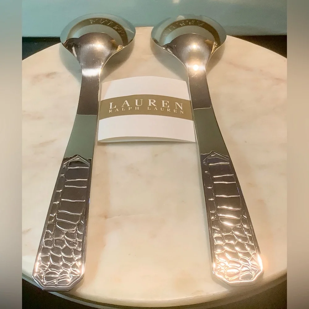 RALPH LAUREN CROCODILE SALAD SERVER SET NEW SILVER STAINLESS STEEL